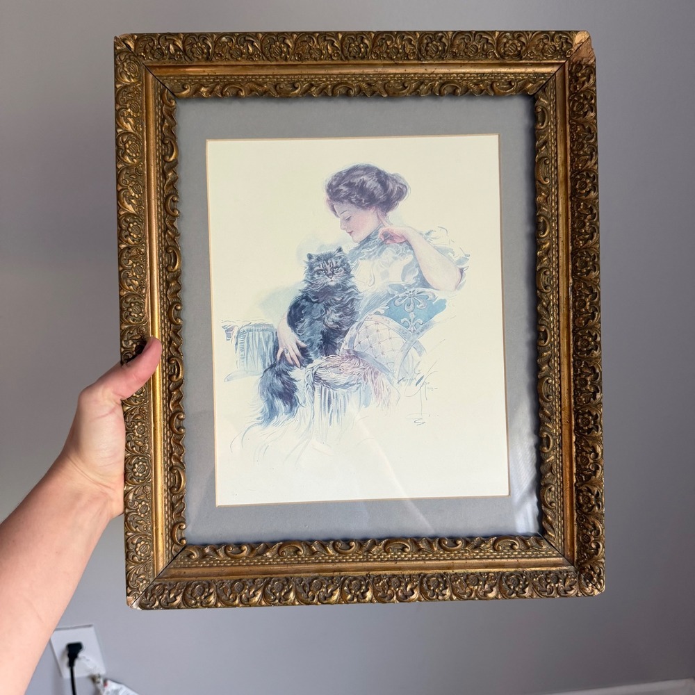Vintage Gibson Girl with Black Cat Framed Lithograph Print Ornate Gold Frame